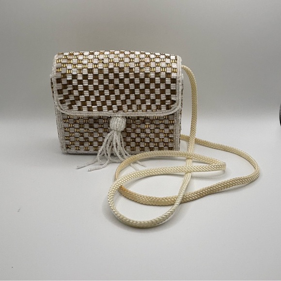 Magid Handbags - Vintage Magid Beaded Mini Crossbody Bag White Gold Tassel EUC